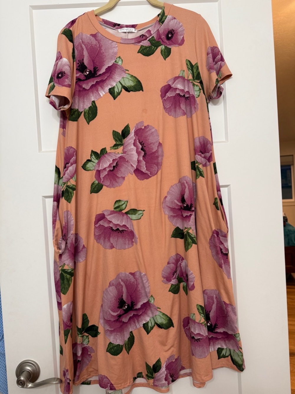 Peach Floral A-Line Dress with Pink Bloom Print